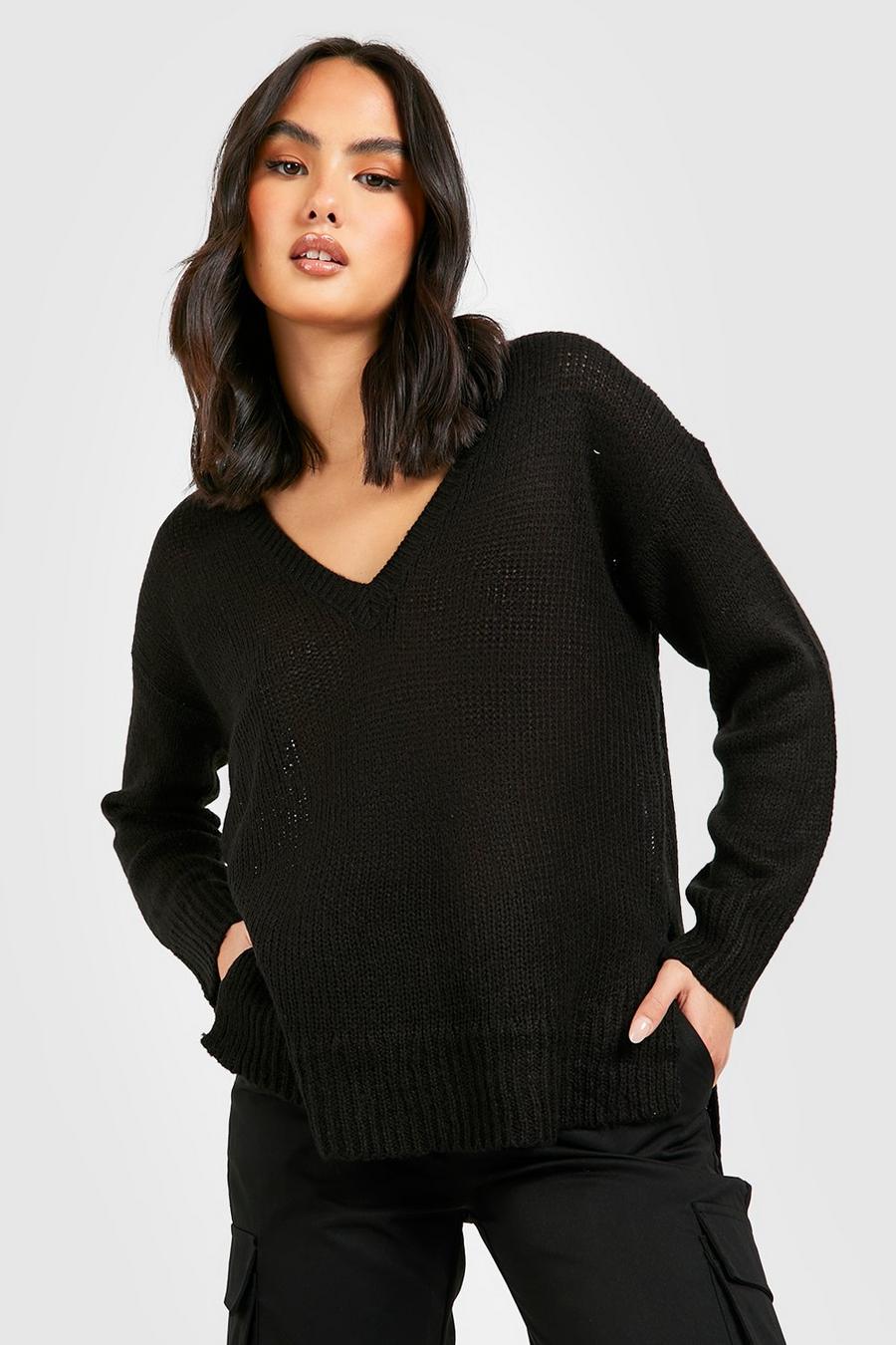 Black Basic V Neck Side Split Sweater
