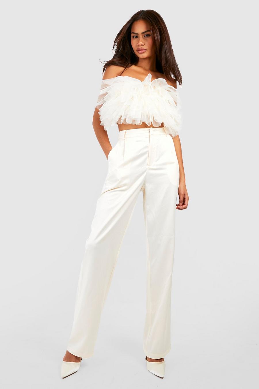 Ivory Satin Wide Leg Tailored Trousers image number 1
