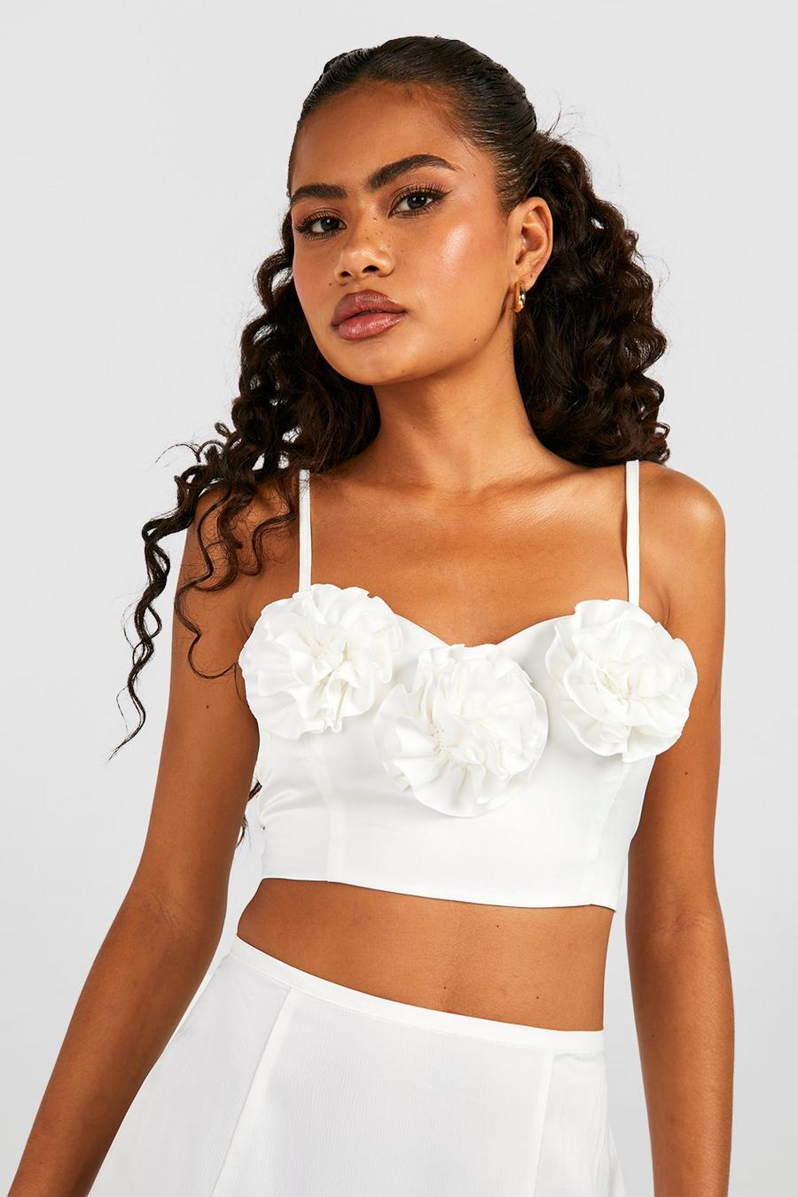 Ivory white Satin Floral Strappy Cami Top