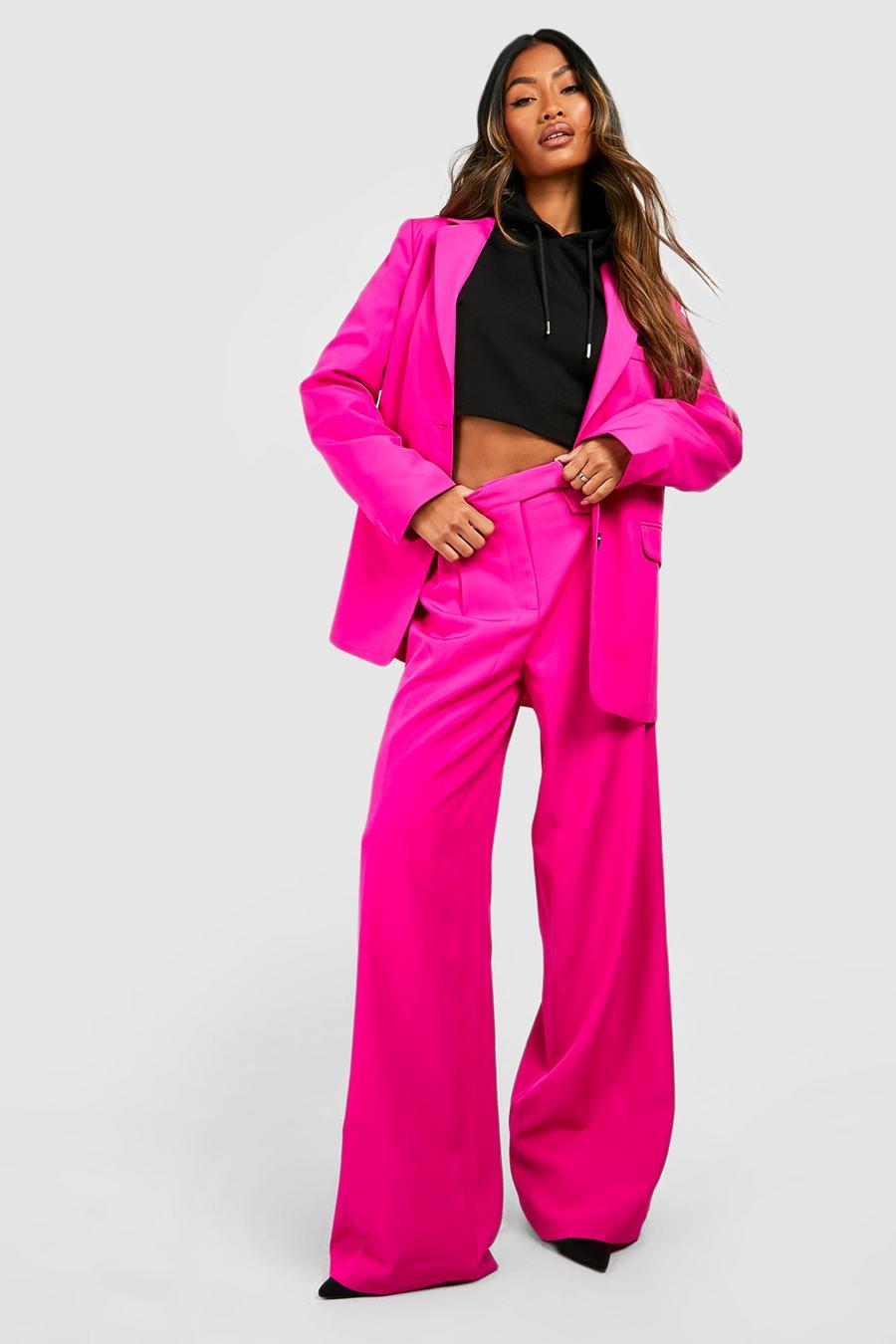 Pantalón entallado con bolsillos y botones en contraste, Hot pink