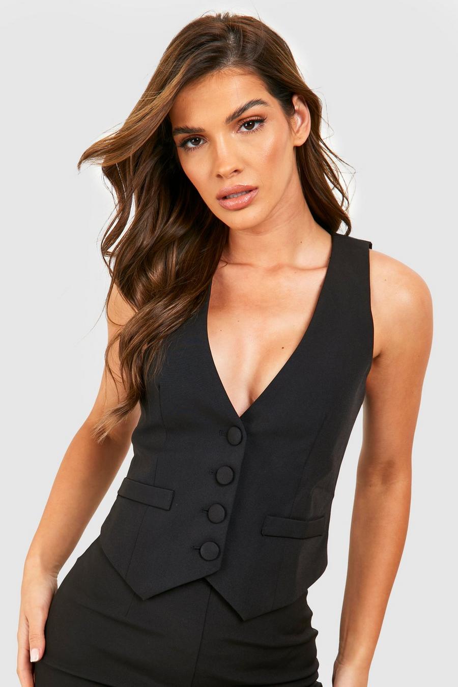 Black Fitted Plunge Front Tailored Waistcoat