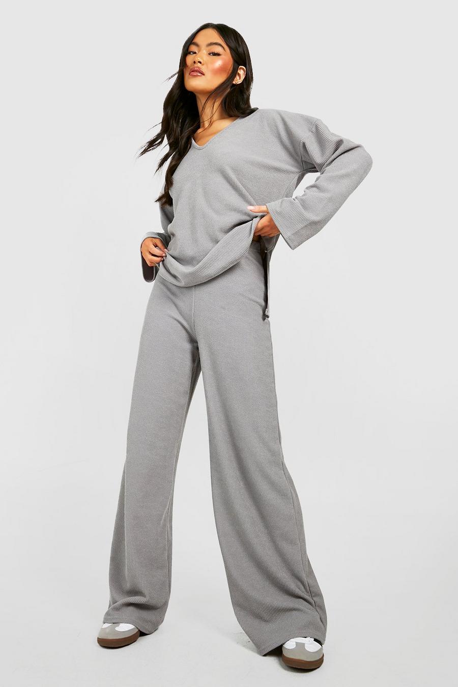 Dove grey Ribbed Wide Leg Trousers