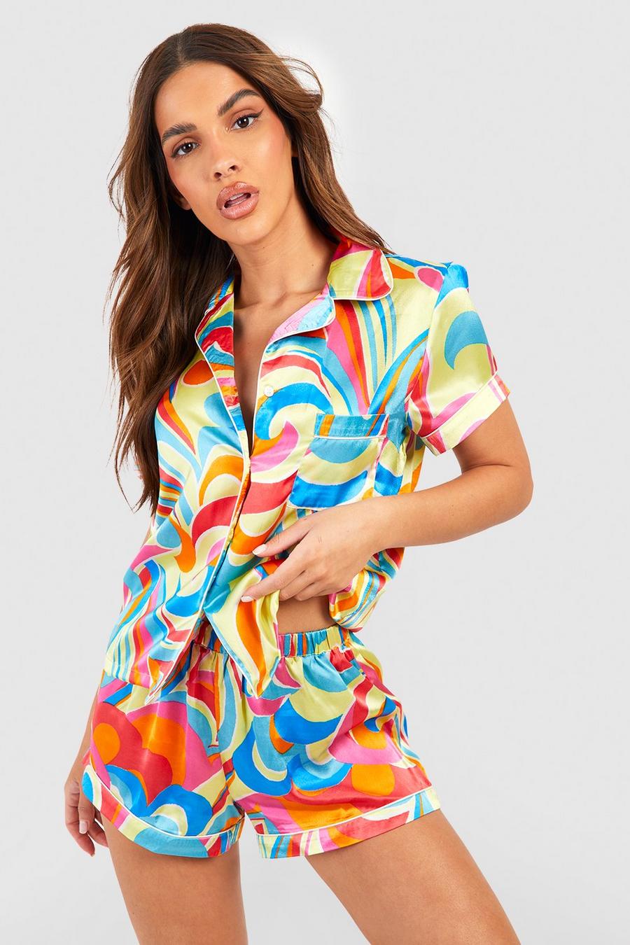 Pijama corto de raso con estampado abstracto, Multi