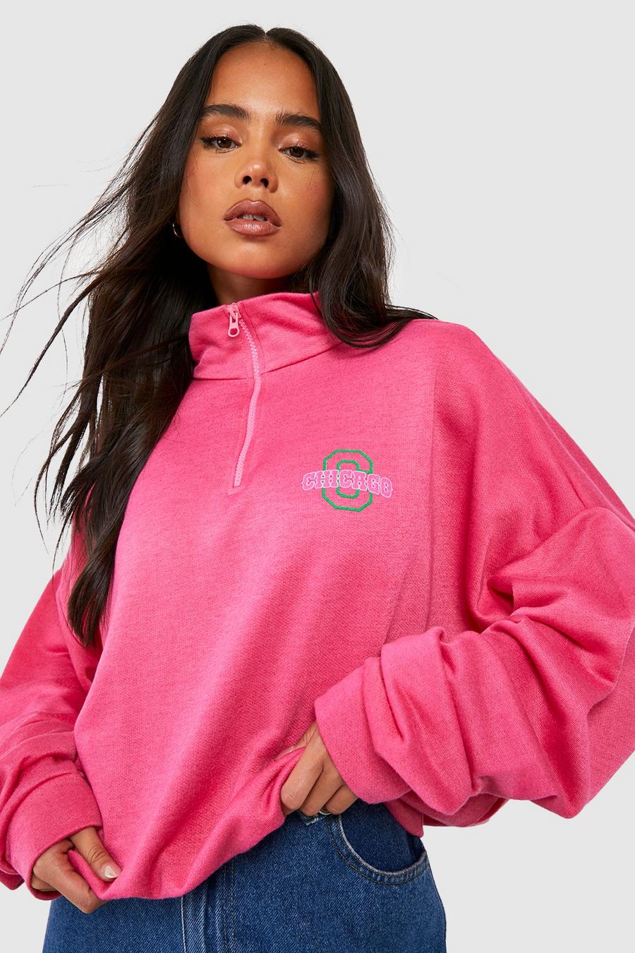Pink Petite Chicago Print Half Zip Sweatshirt 