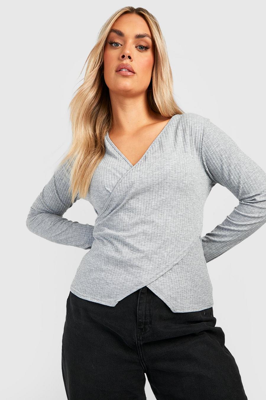 Grey Plus Soft Rib Wrap Top