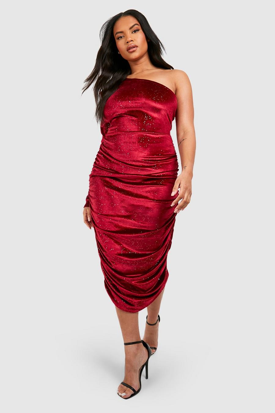 Berry Plus One Shoulder Glitter Velvet Midi Dress