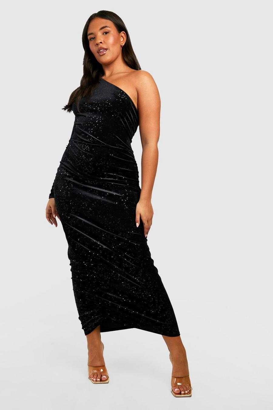 Black Plus One Shoulder Glitter Velvet Midi Dress