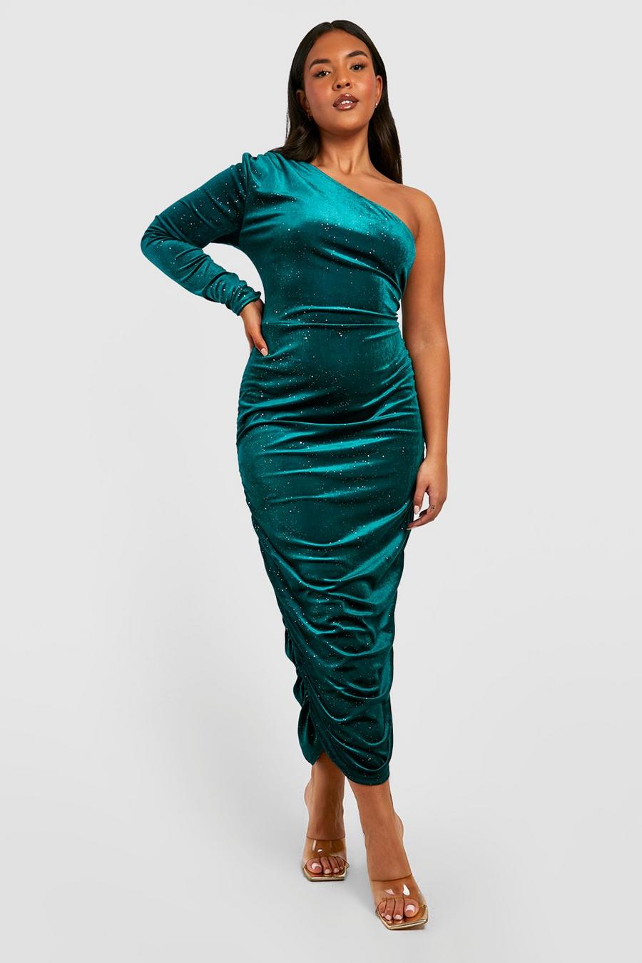 Emerald Plus One Shoulder Glitter Velvet Midi Dress