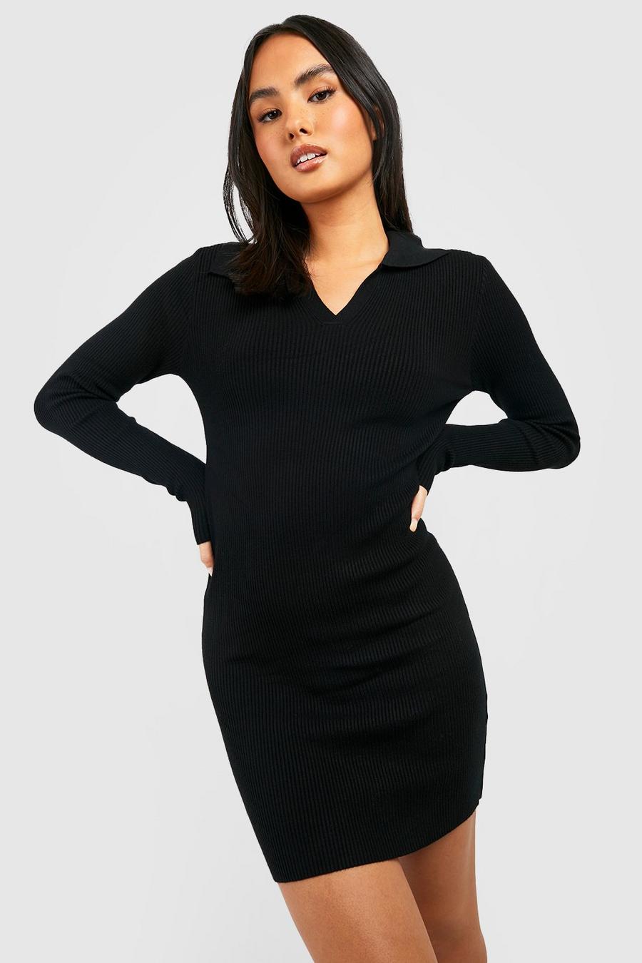 Black Polo Collar Rib Knit Mini Dress