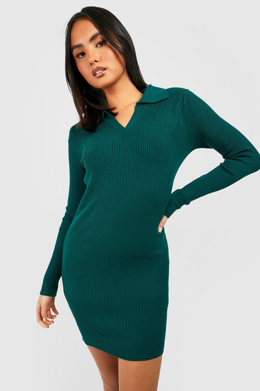 Forest Polo Collar Rib Knit Mini Dress