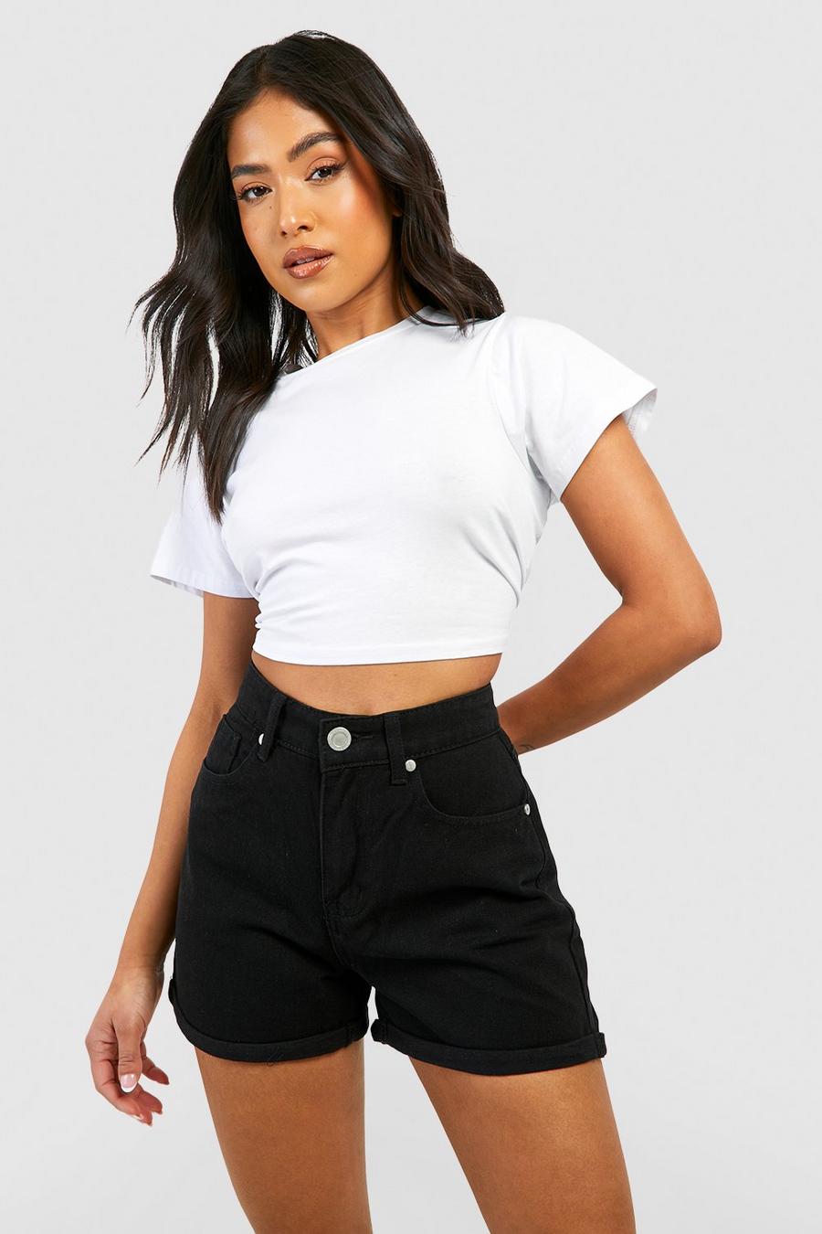 Black Petite Denim High Waisted Turned Up Hem Shorts