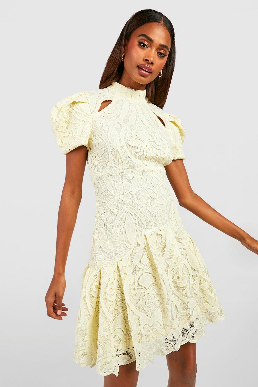 Lemon Premium Crochet Lace Puff Sleeve Mini Dress