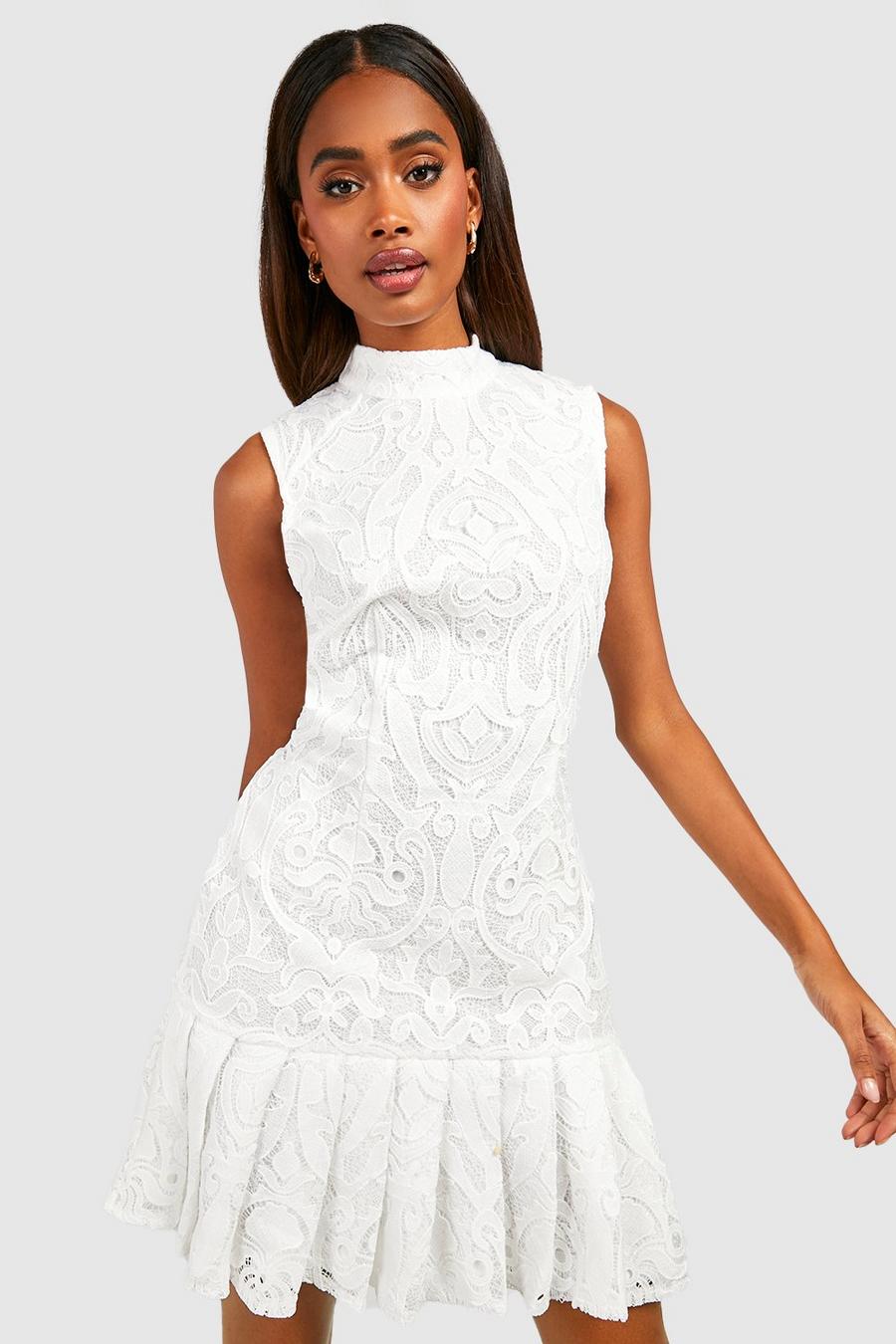 White Premium Crochet Lace Frill Hem Mini Dress