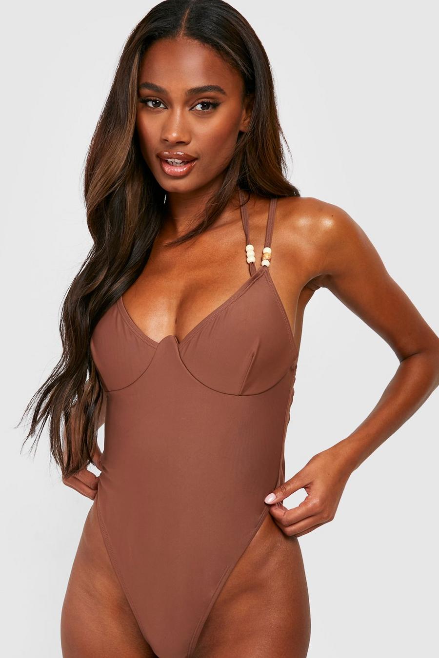 Chocolate Wooden Bead Strap Detail Underwired Swimsuit