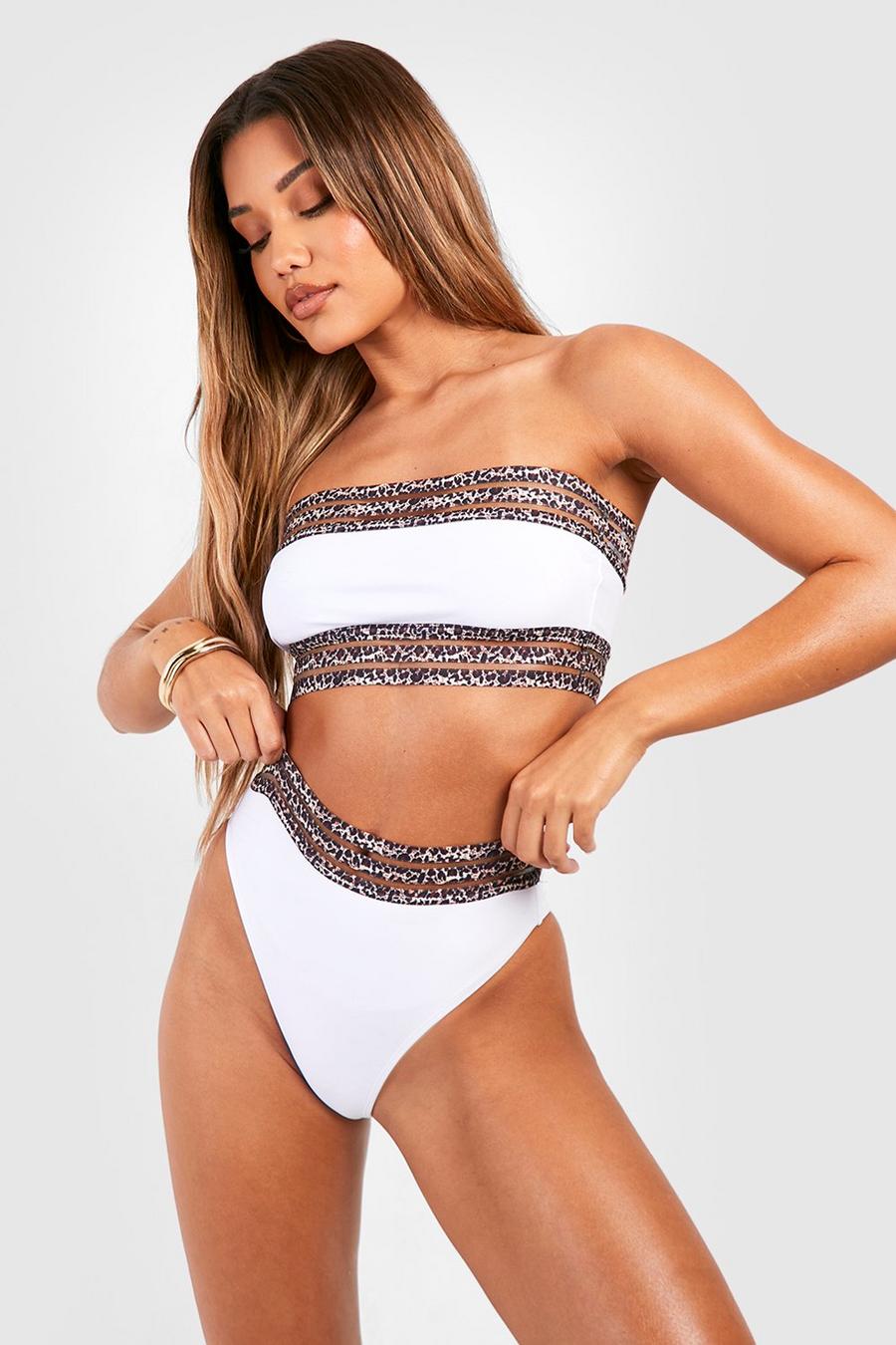 White Luipaardprint Bandeau Bikini Set Met Mesh Zoom image number 1