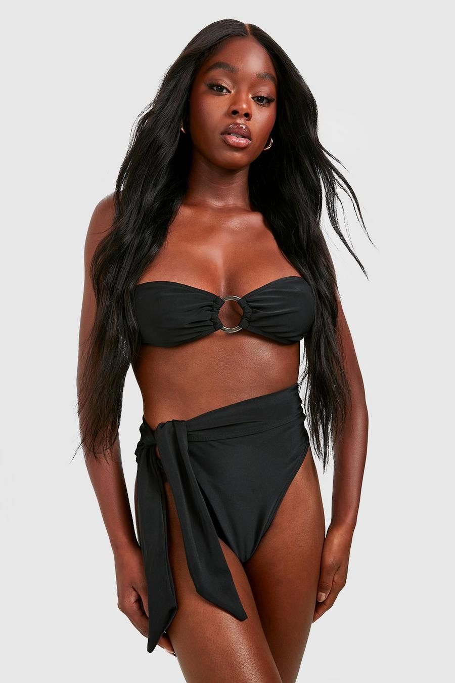 Bikinihose mit hohem Bund und Schnür-Detail, Black