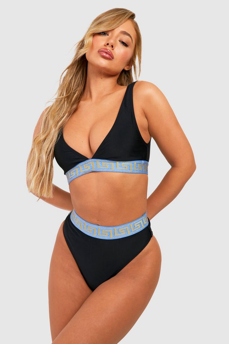 Set bikini a vita alta a blocchi di colore con motivi geometrici, Black
