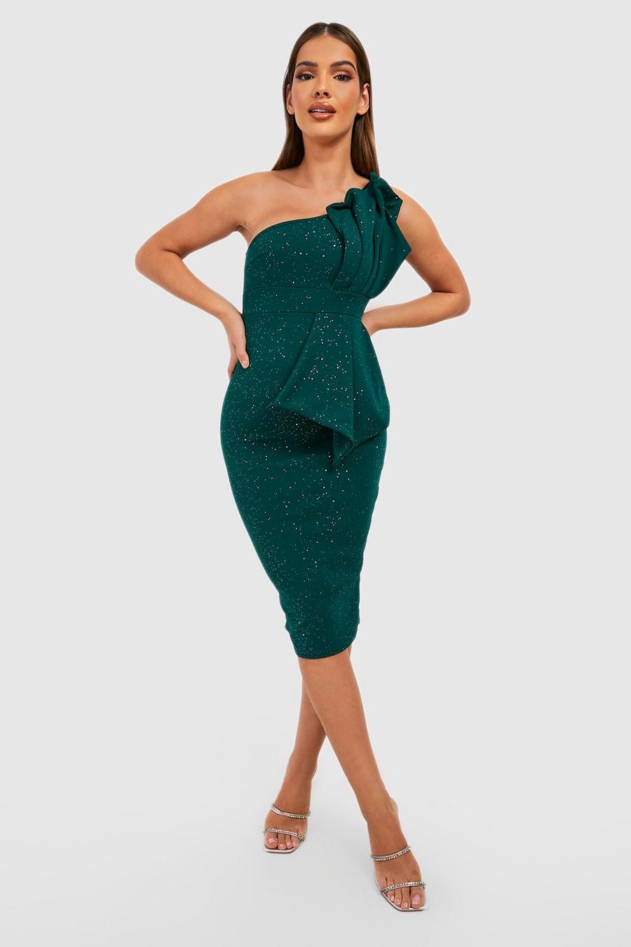 Emerald Glitter One Shoulder Pleat Detail Bodycon Dress