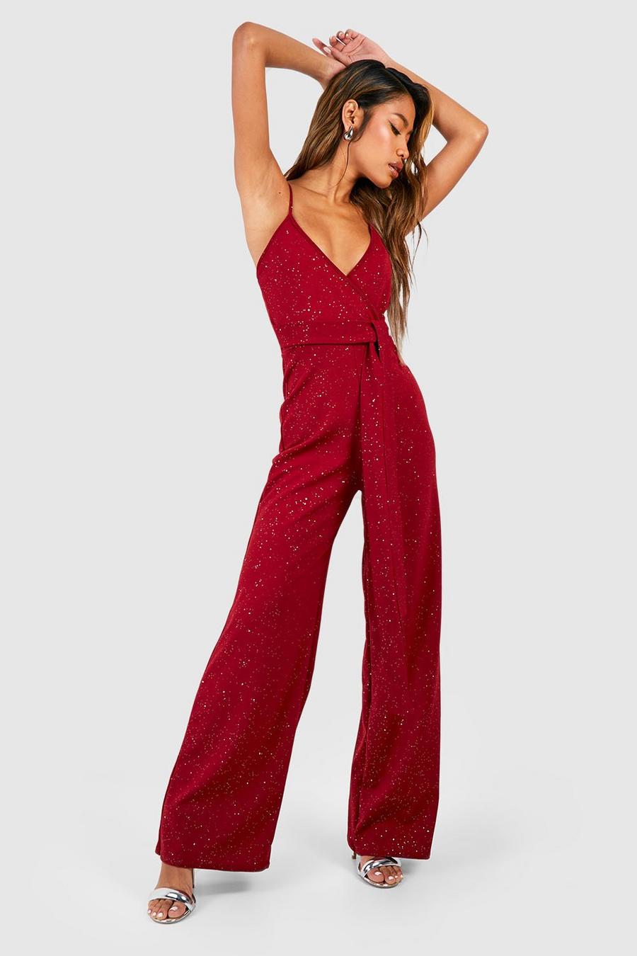 Berry Glitter Strappy Wrap Belted Wide Leg Jumpsuit