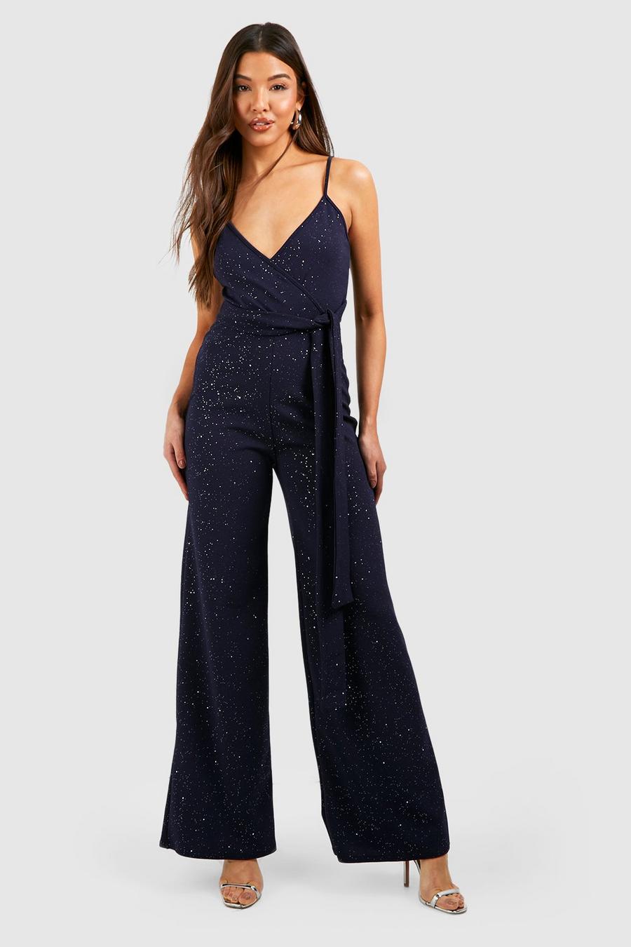 Navy Glitter Strappy Wrap Belted Wide Leg Jumpsuit 