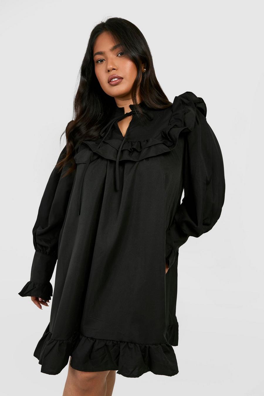 Black Plus Woven Long Sleeve Smock Dress