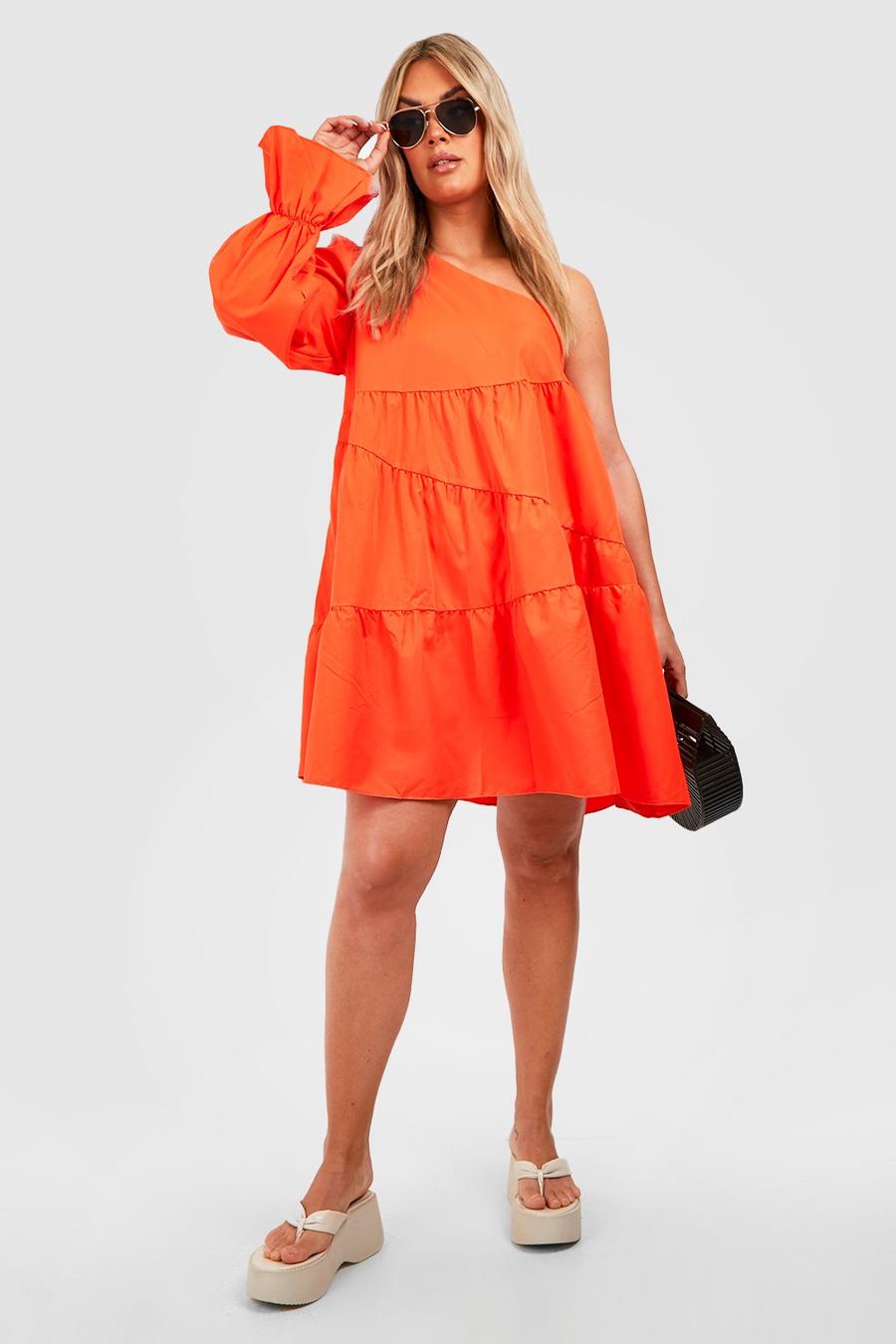 Orange Plus Woven One Shoulder Tiered Smock Dress