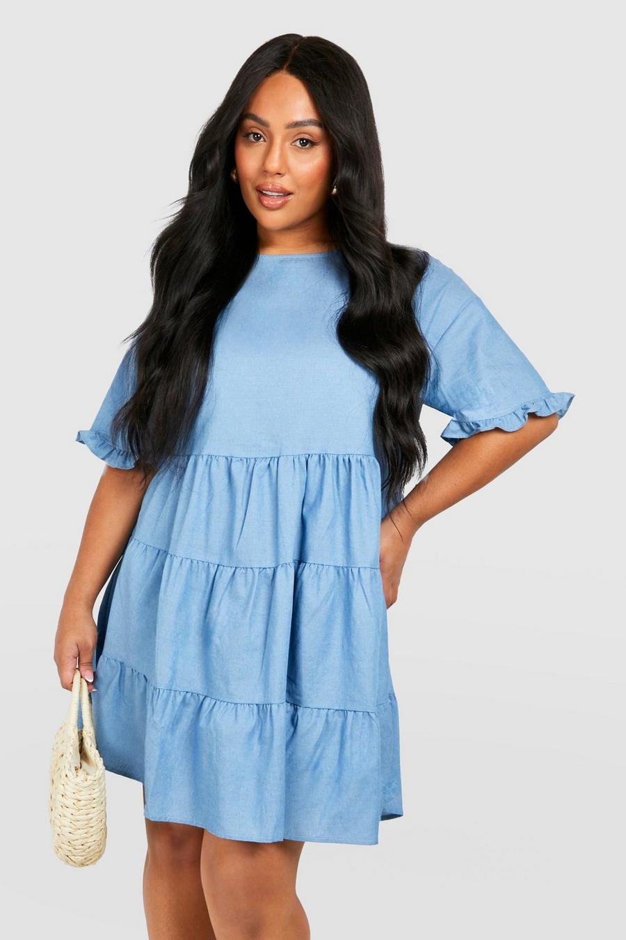 Light wash Plus Chambray Tiered Smock Dress image number 1