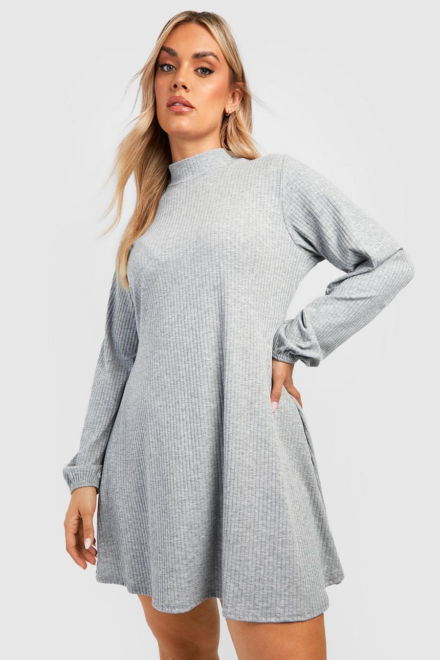 Grande taille - Robe fluide en maille douce à col montant, Grey marl