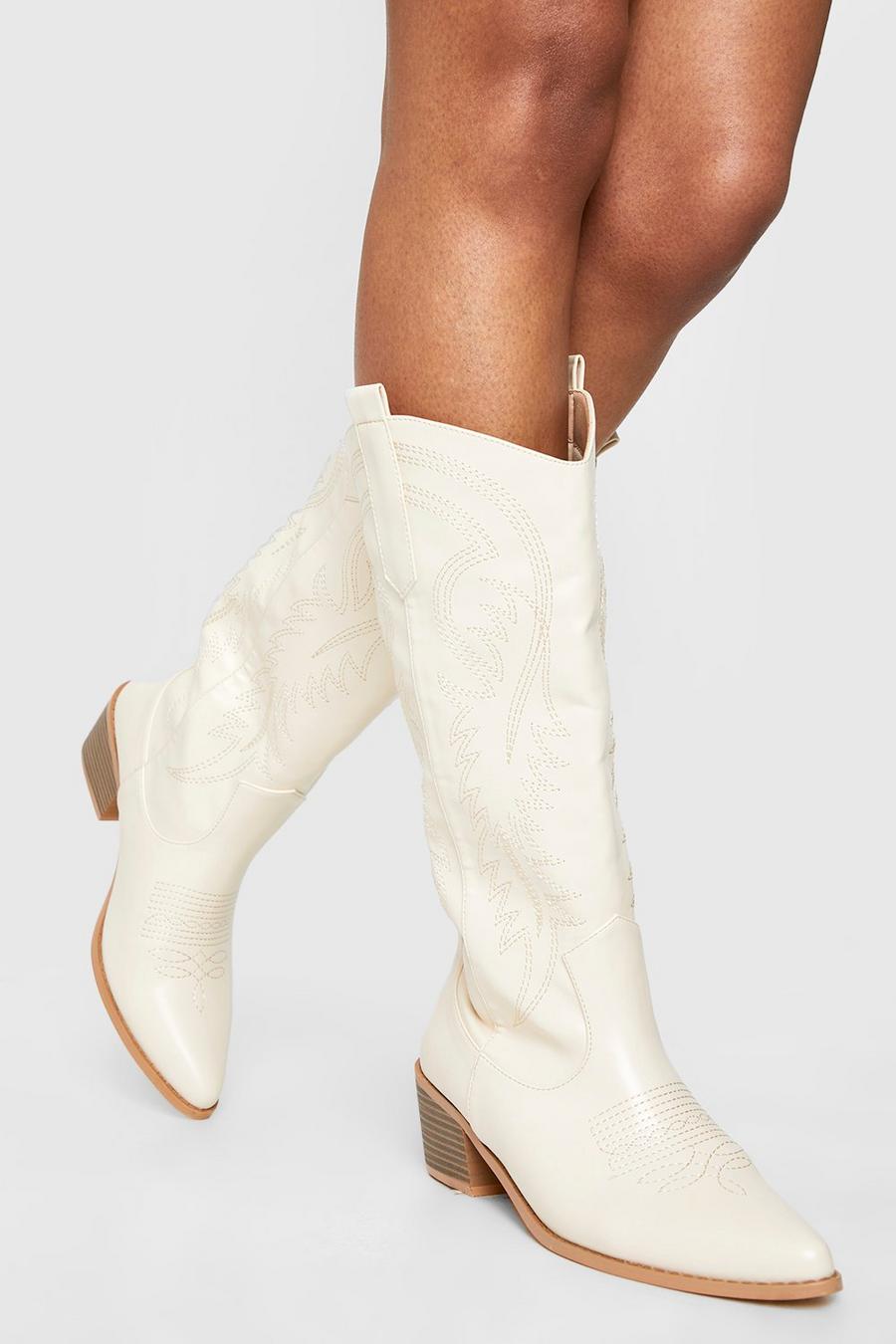 Stone Calf Detail Embroidered Western Cowboy Boots