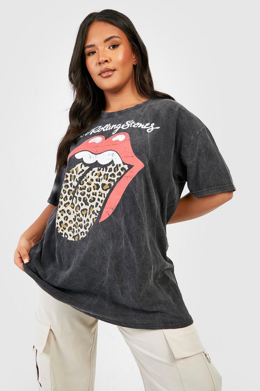 Plus Leopardenprint T-Shirt mit The Rolling Stones Band Print, Washed black image number 1