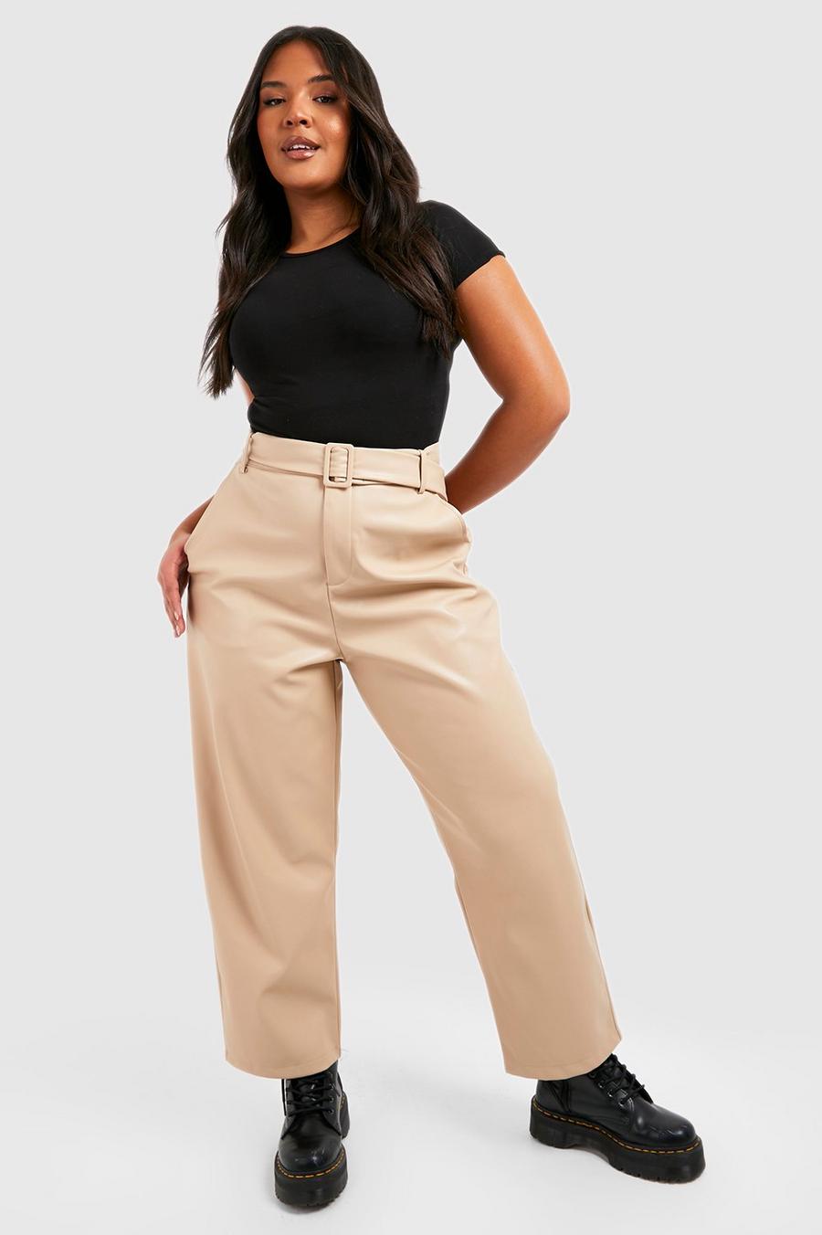 Ecru Plus Pu Faux Leather Belted Tapered Pants