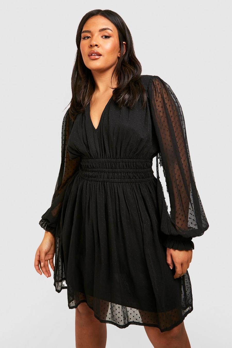 Black Plus Dobby Long Sleeve Skater Dress