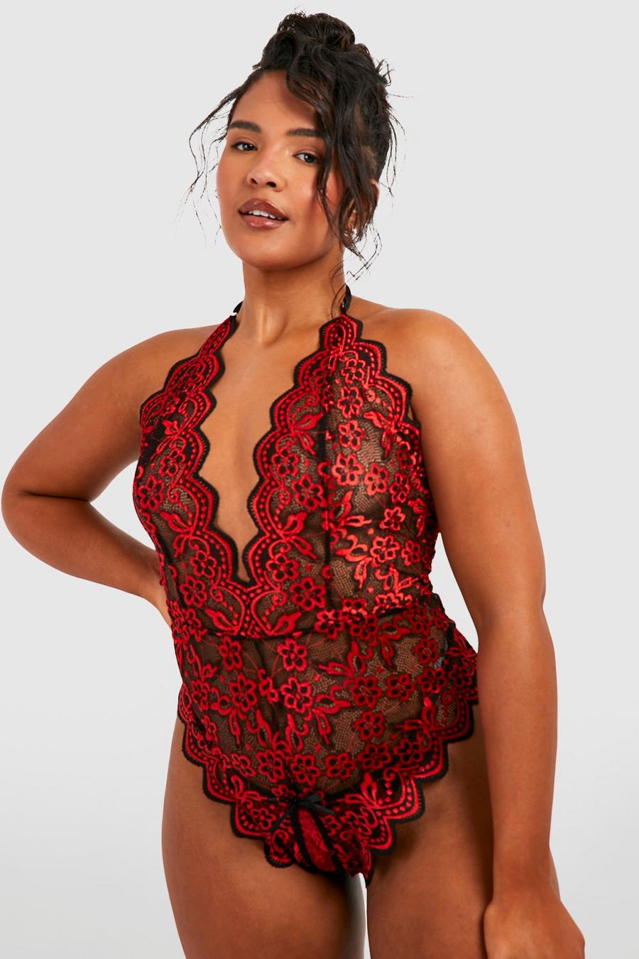 Red Plus Two Tone Lace Crotchless Bodysuit