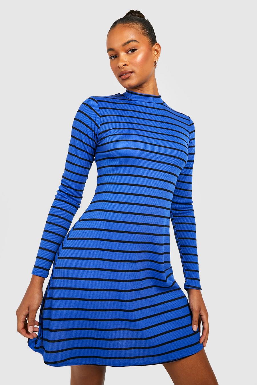 Navy Tall Stripe Knit Rib Longsleeve Funnel Neck Skater Dress