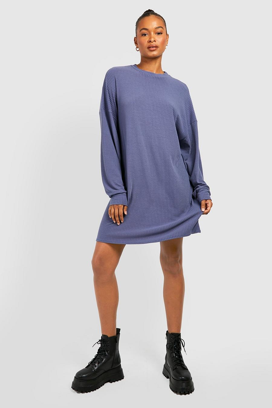 Tall langärmliges geripptes T-Shirt-Kleid, Navy