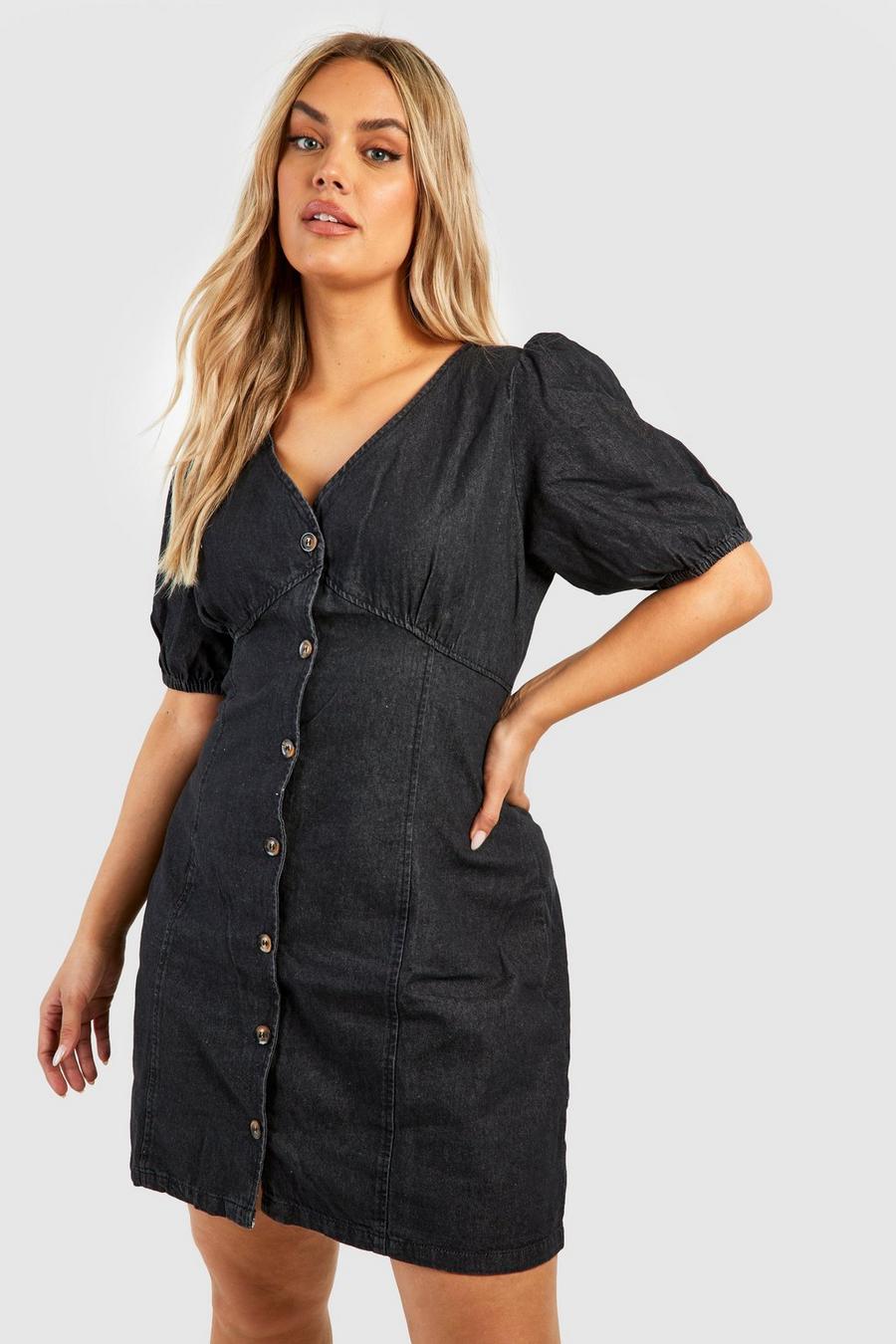 Washed black Plus Denim Button Down Shift Dress