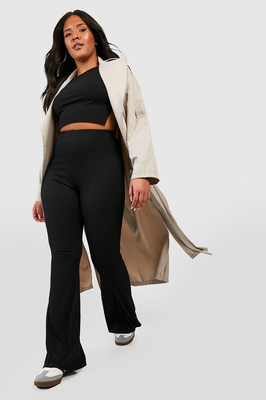 Black Plus Basic Ribbed High Waisted Flare Trousers image number 1