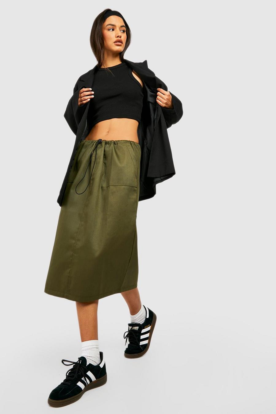 Forest Drawcord High Waisted Cargo Midi Skirt