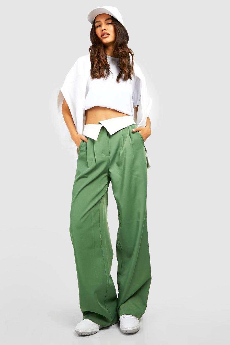Green Folded Waistband Wide Leg Tailored Trousers