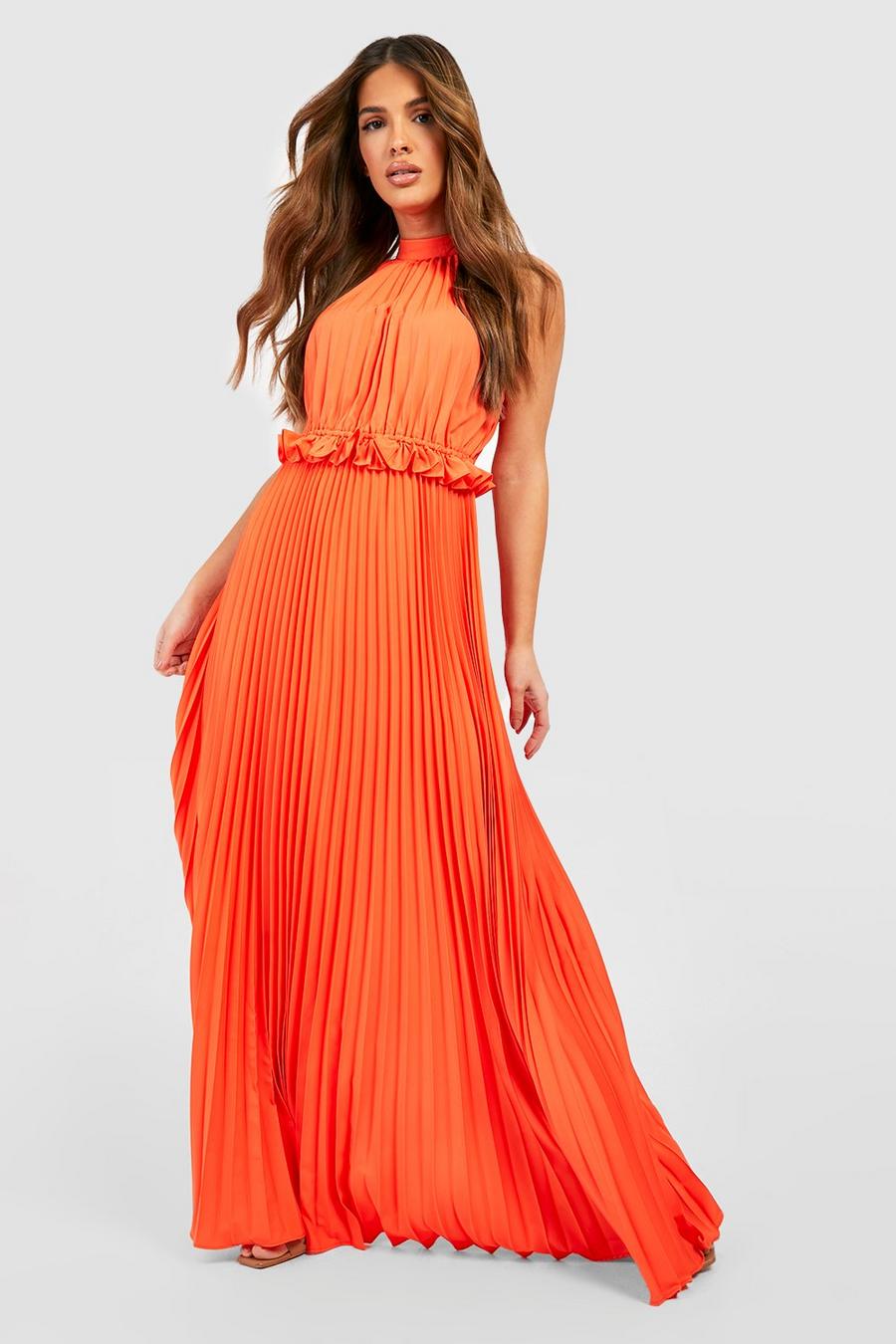 Orange Pleated High Neck Maxi Dress