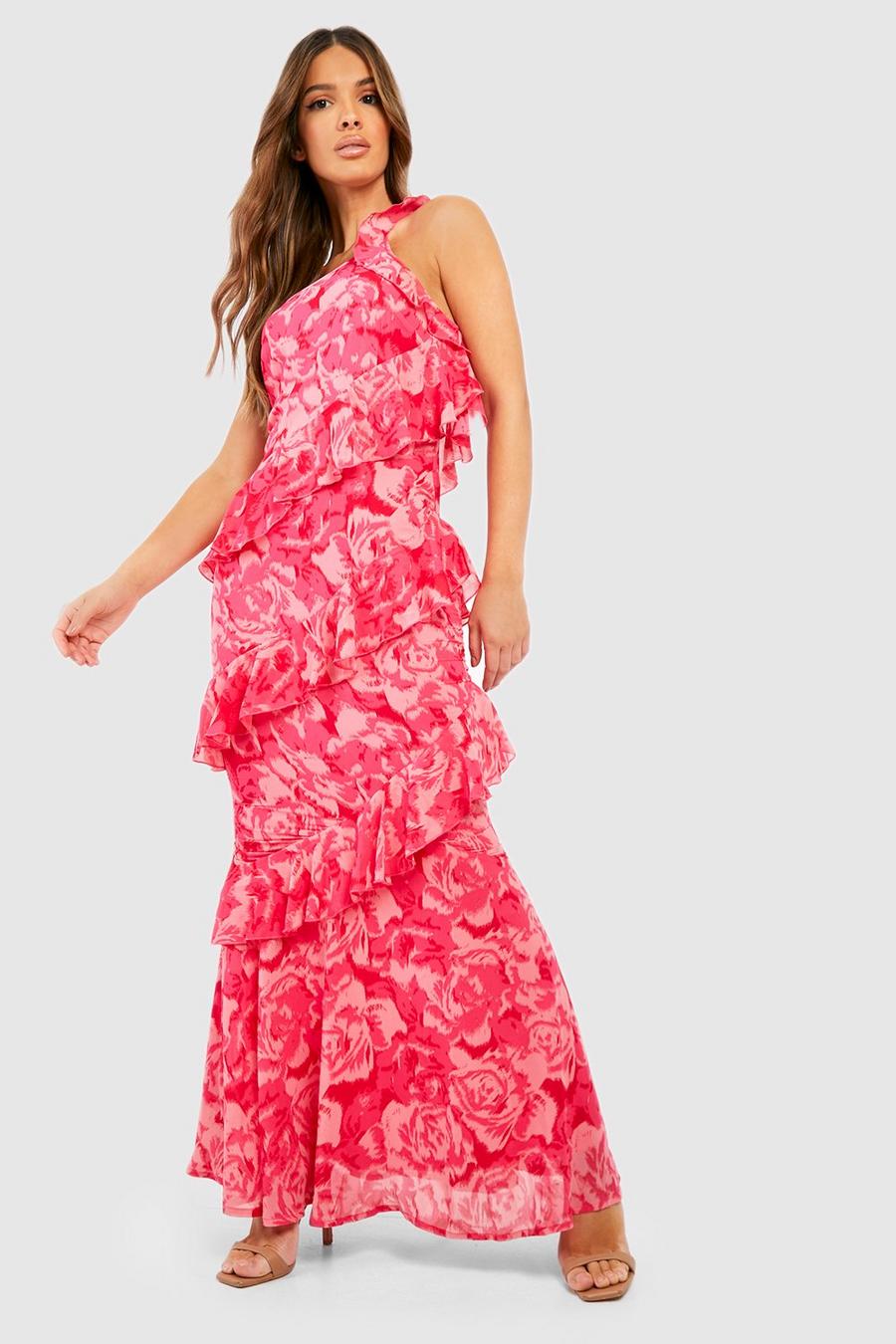 Pink Chiffon Printed One Shoulder Maxi Dress