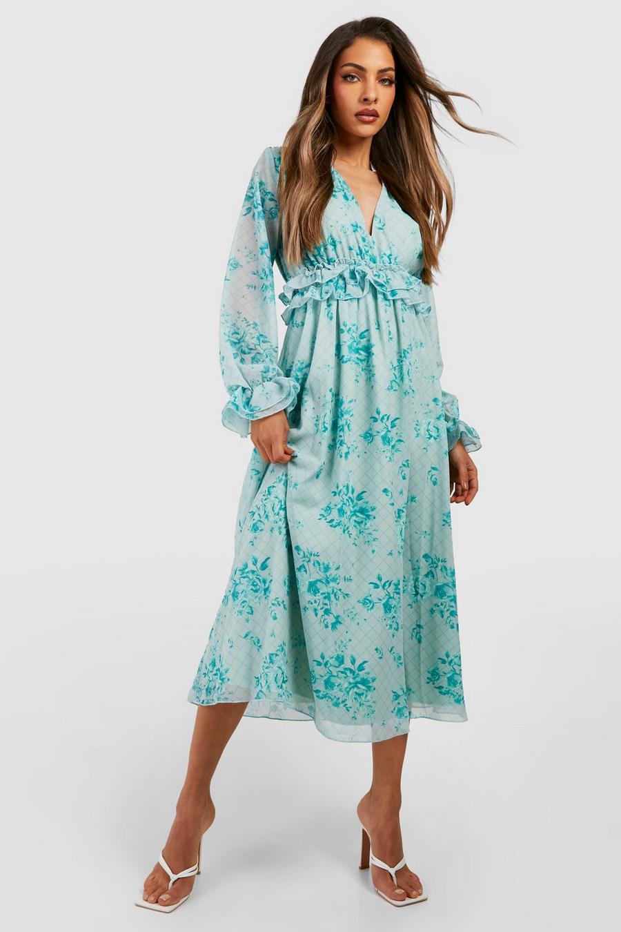 Multi Printed V Neck Floaty Ruffle Midi Dress