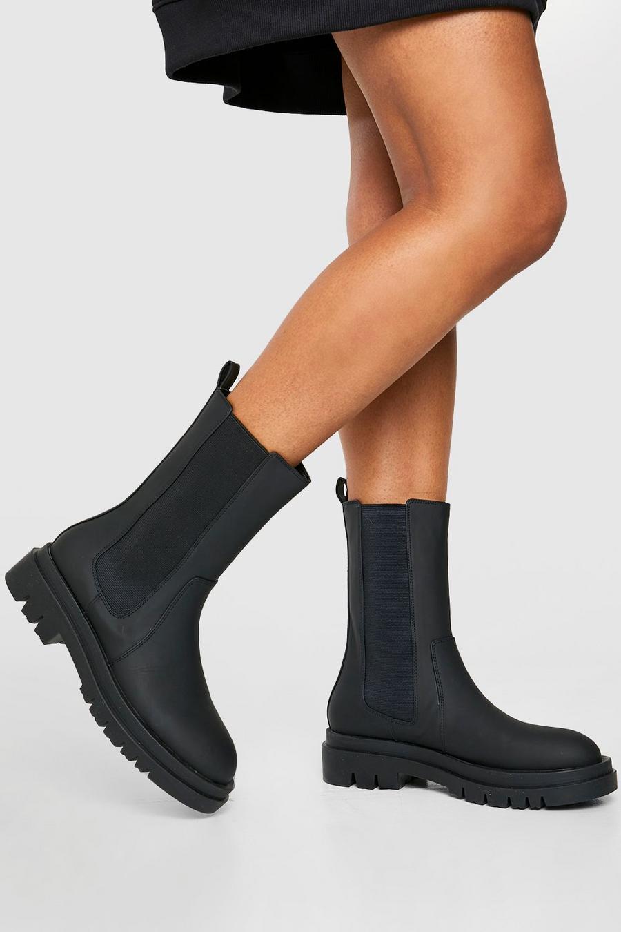 Black Rubber Calf High Chunky Sole Chelsea Boots