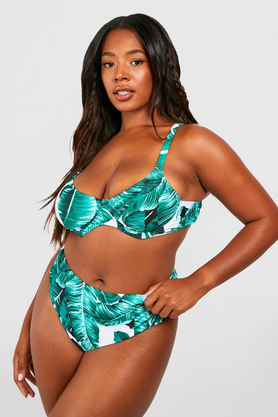 Grande taille - Bas de maillot taille haute à imprimé feuilles, White