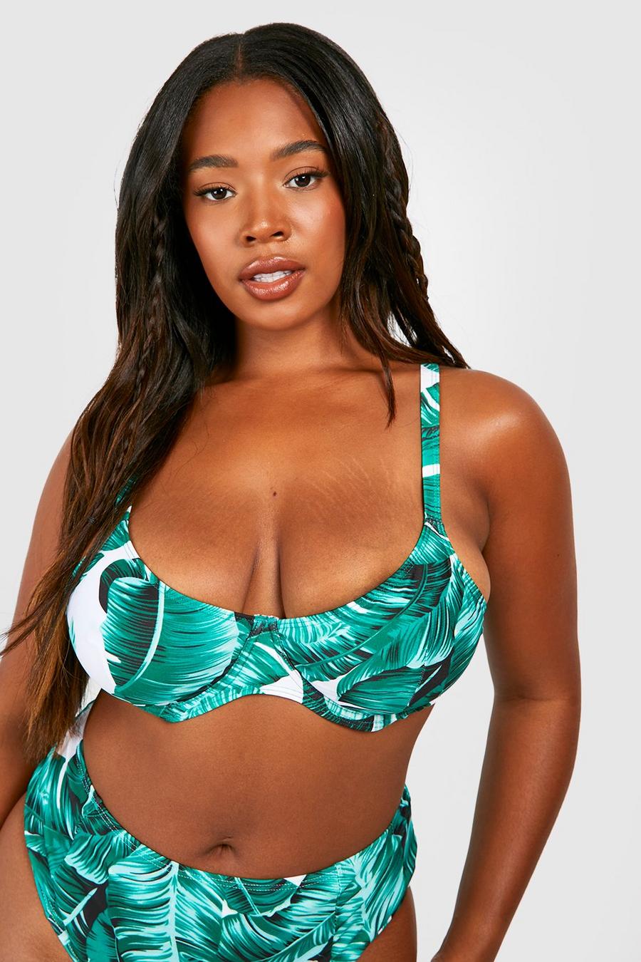Top bikini Plus Size Essentials con stampa di foglie e ferretto, White