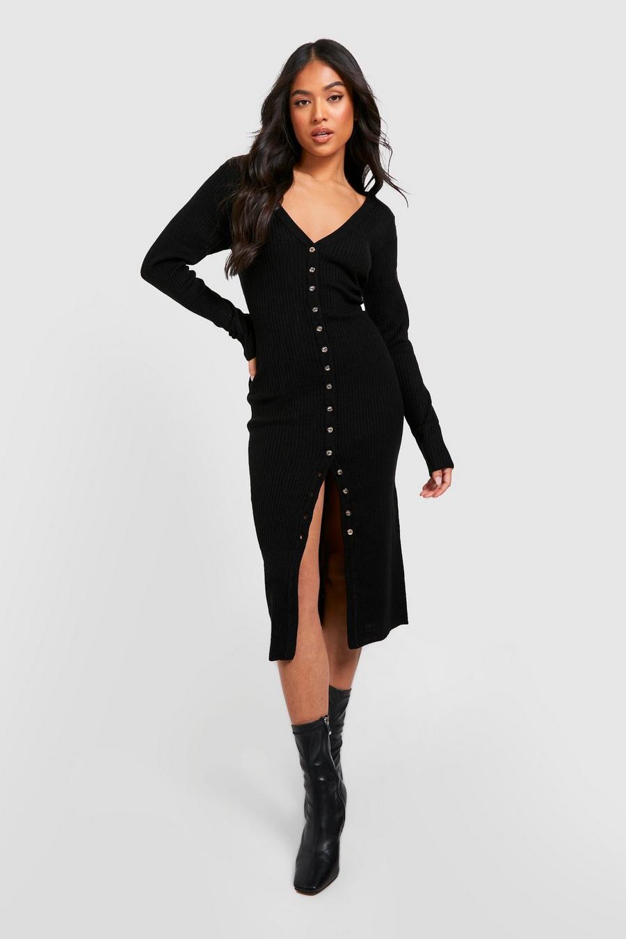 Black Petite Knitted Rib Button Midi Dress