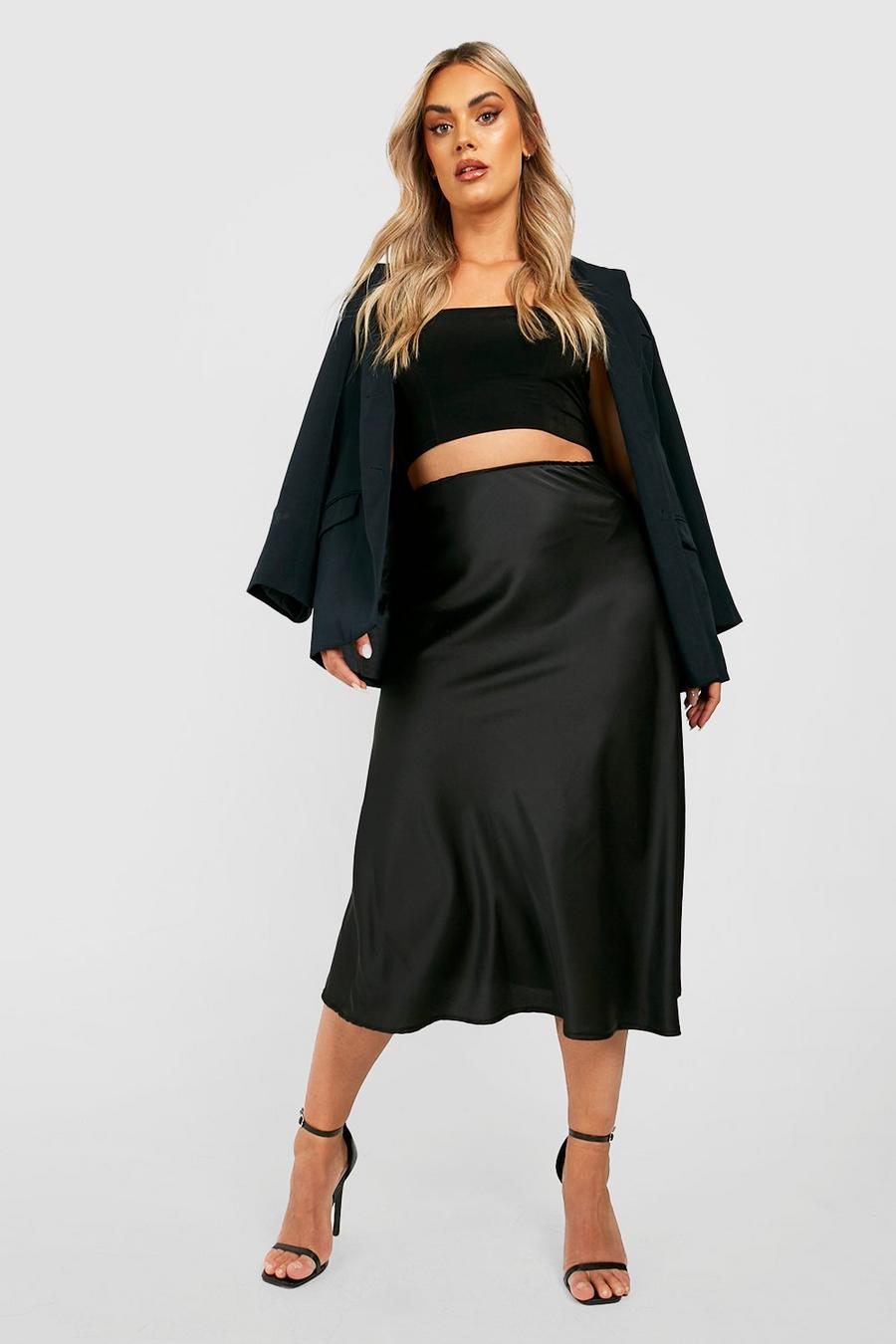 Black Plus Satin Slip Midi Skirt