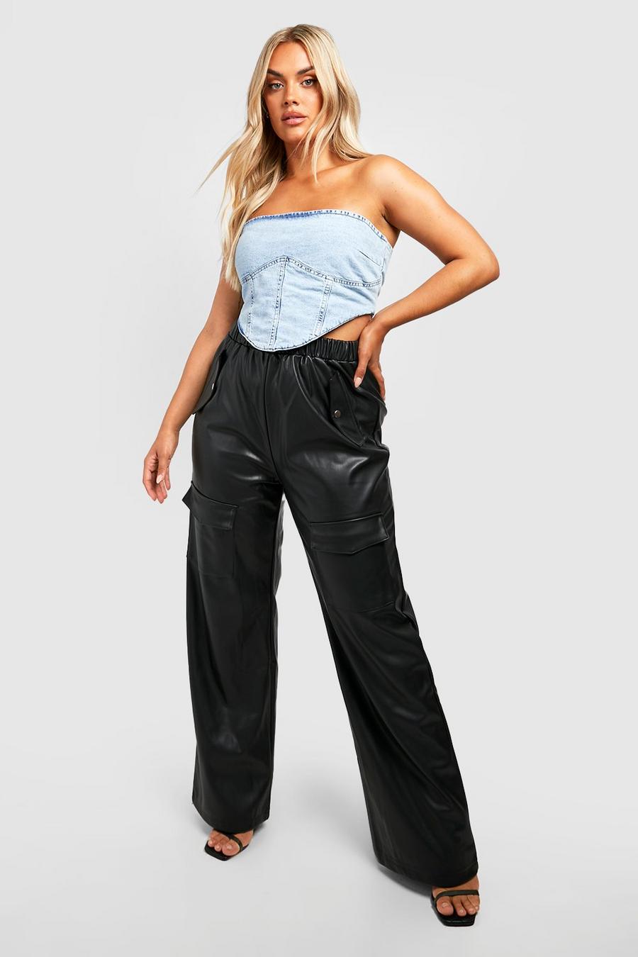 Black Plus Leather Look Cargo Trousers