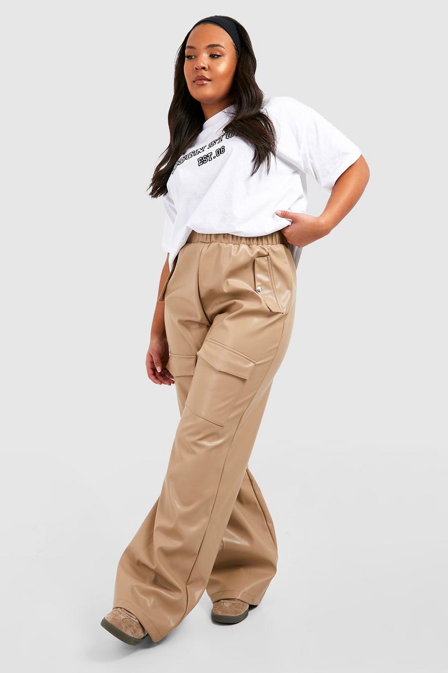 Pantalón Plus cargo efecto cuero, Taupe