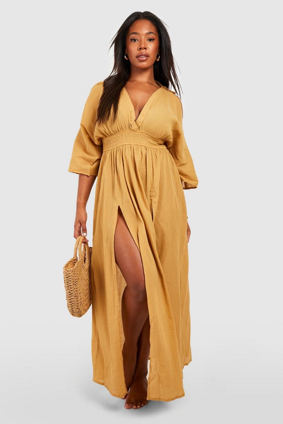 Stone Plus Cheesecloth Cold Shoulder Maxi Beach Dress